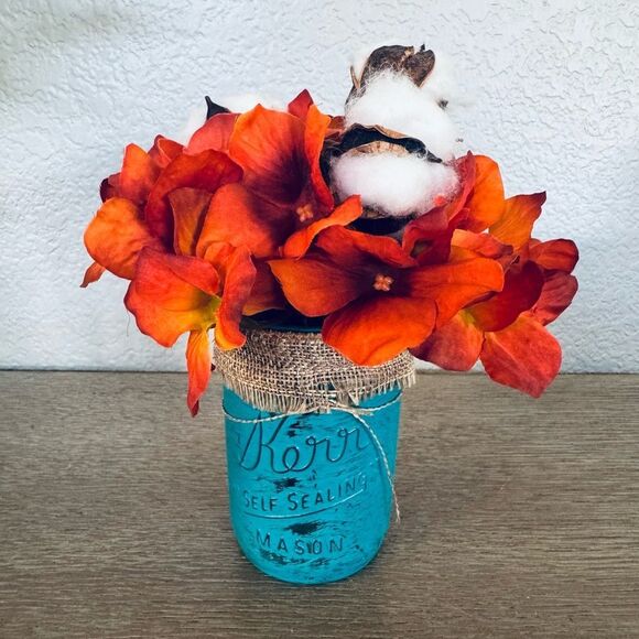 Fall Farmhouse Turquoise Mason Jar Vase Hydrangea Cotton Floral Arrangement - Picture 1 of 4